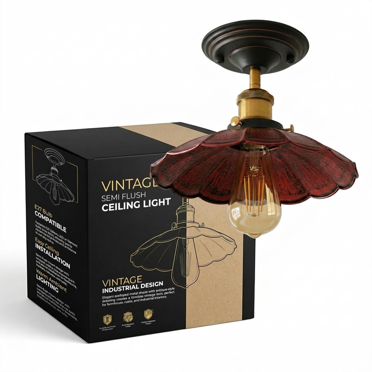 Semi Flush Ceiling Light – Scalloped, Dome or Gloss Metal Shade, E27 - Yellow Brass, Lounge 22 cm Rustic Red, 140 mm Rose, Without Bulb