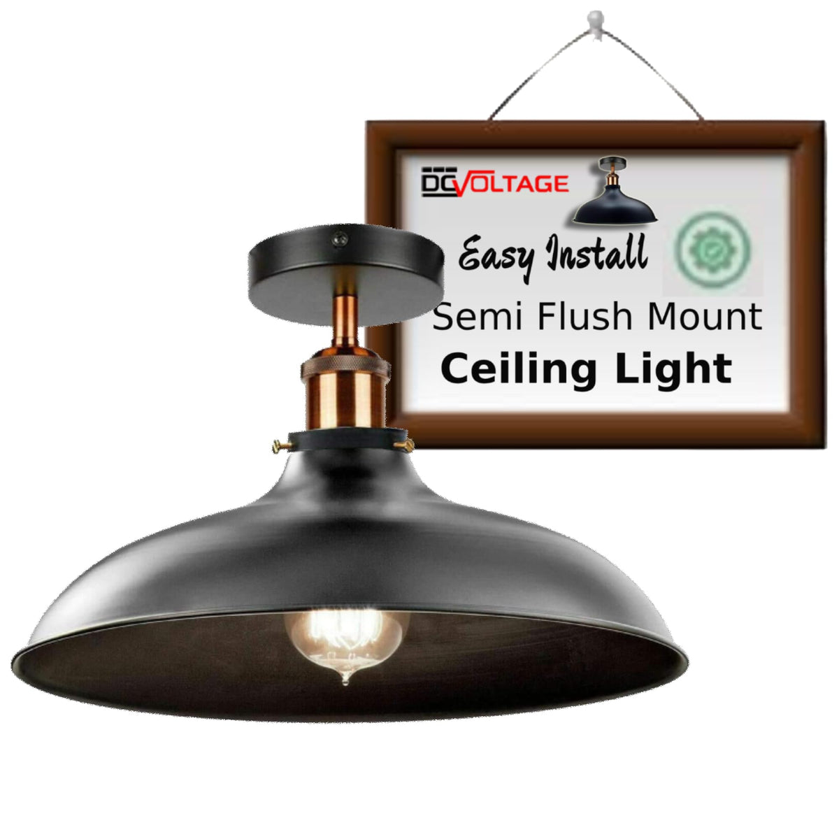 Semi Flush Ceiling Light – Scalloped, Dome or Gloss Metal Shade, E27 - Yellow Brass, Wide Dome 36 cm Black, with Shade Ring, Without Bulb