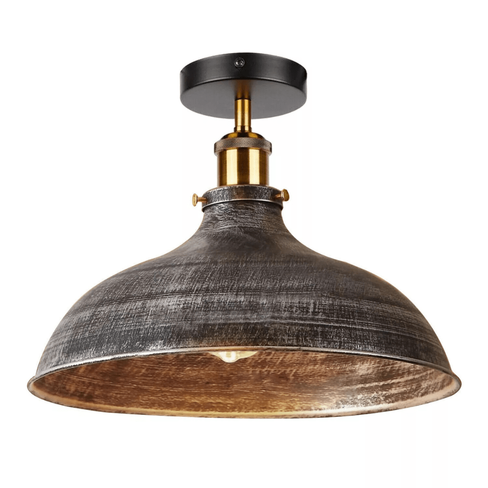 Semi Flush Ceiling Light – Scalloped, Dome or Gloss Metal Shade, E27 - Yellow Brass, Wide Dome 36 cm Brushed Silver, with Shade Ring, Without Bulb