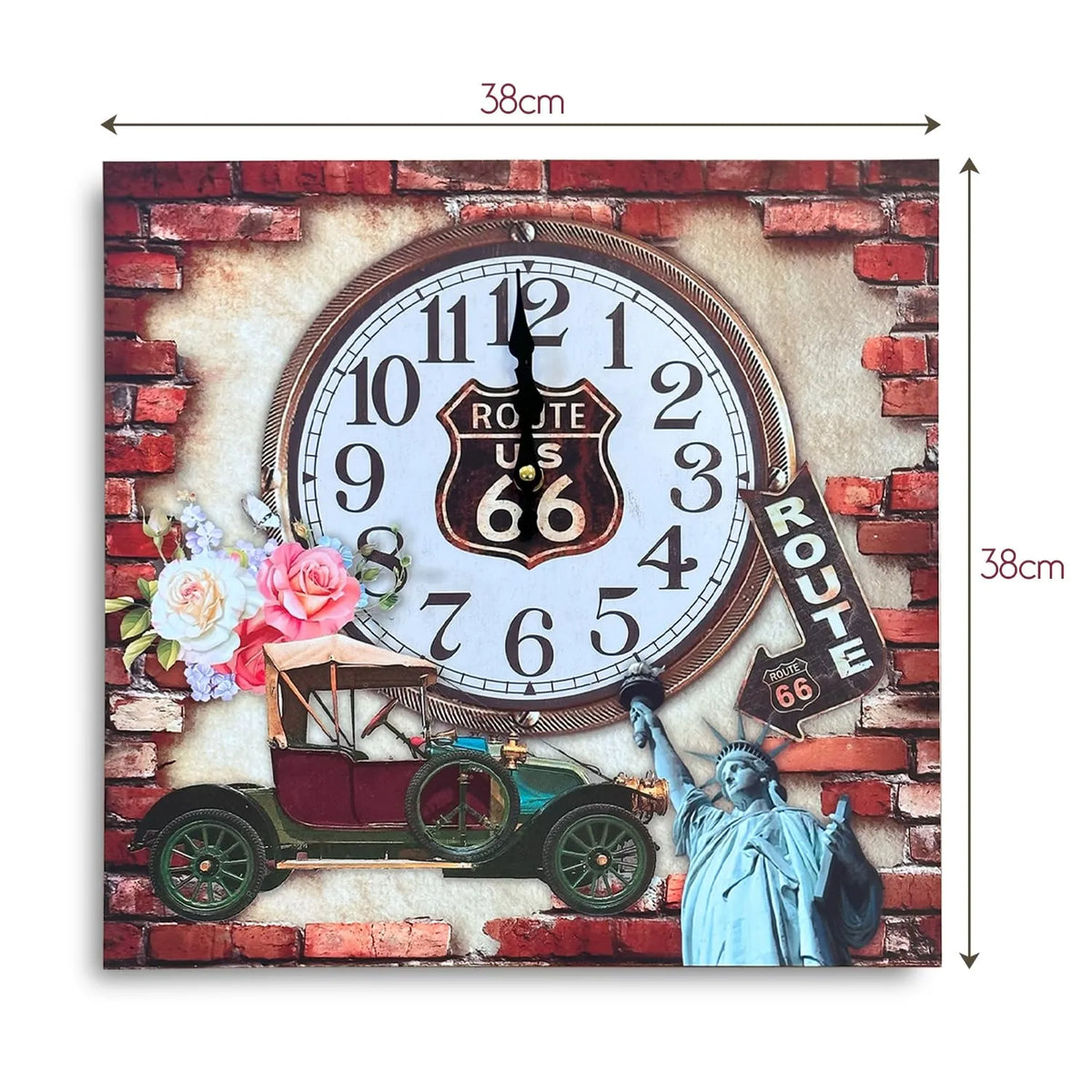 Route 66 Vintage Square Wall Clock – 38 cm, Classic Car & Roses
