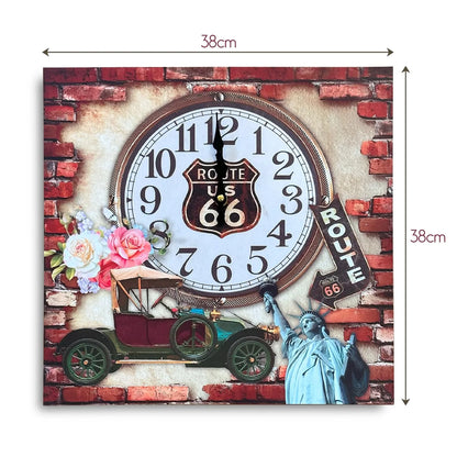 Route 66 Vintage Square Wall Clock – 38 cm, Classic Car & Roses