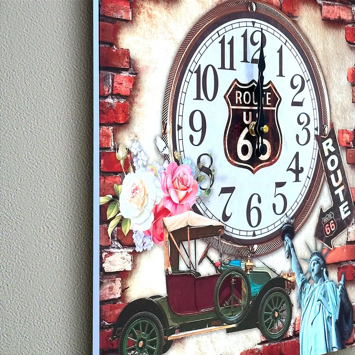 Route 66 Vintage Square Wall Clock – 38 cm, Classic Car & Roses - photo 3