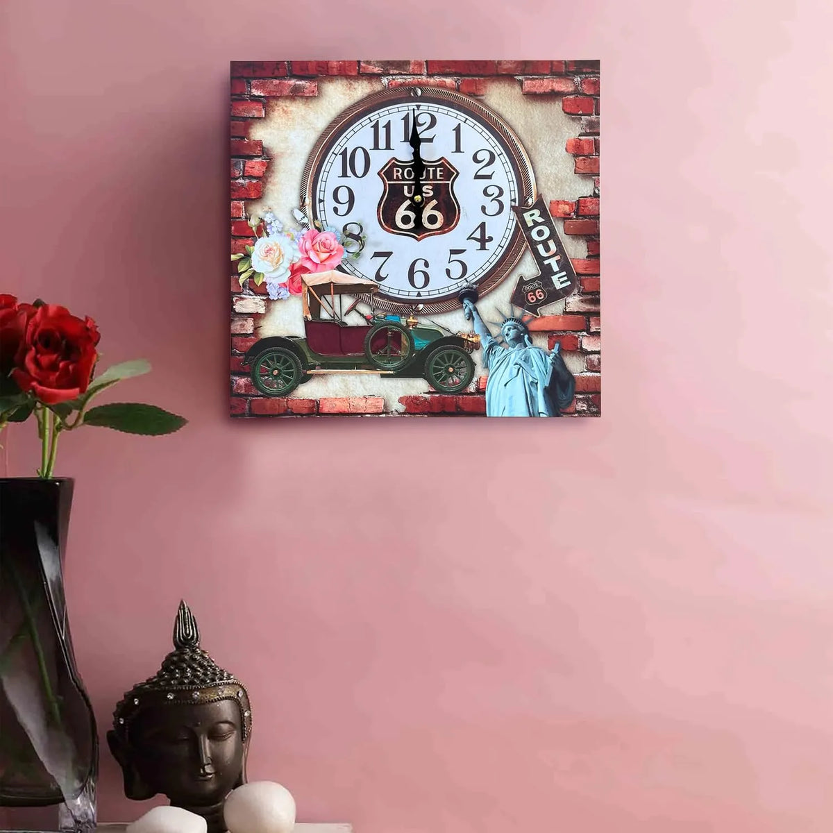 Route 66 Vintage Square Wall Clock – 38 cm, Classic Car & Roses - photo 4