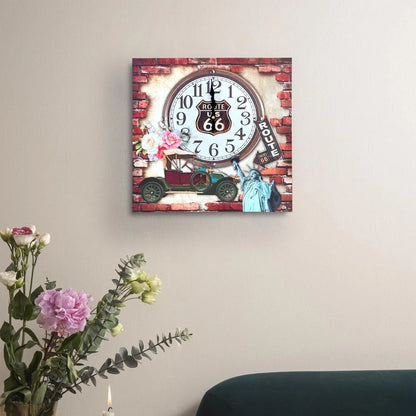 Route 66 Vintage Square Wall Clock – 38 cm, Classic Car & Roses - photo 2