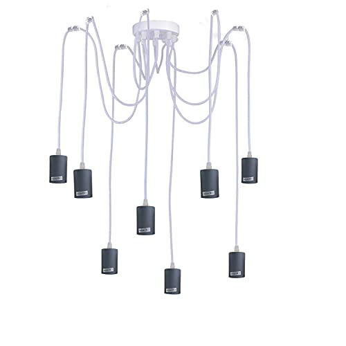 8 Light Spider Pendant – White, Coloured Metal Holders, E27 - Grey, No Shade, Without Bulb