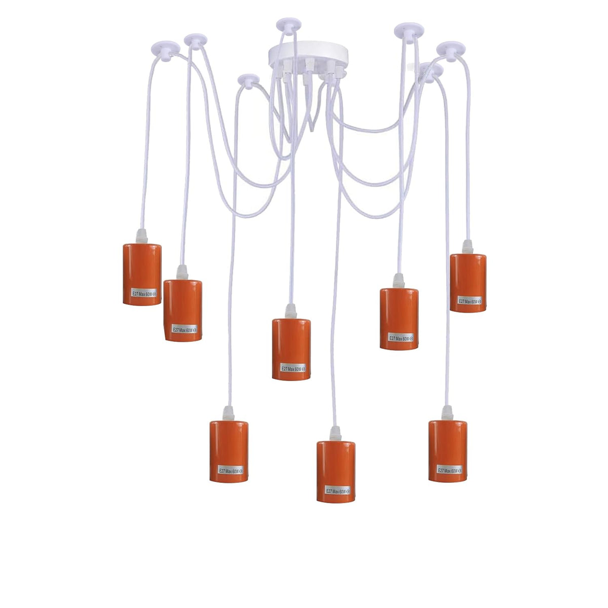 8 Light Spider Pendant – White, Coloured Metal Holders, E27 - Orange, No Shade, Without Bulb