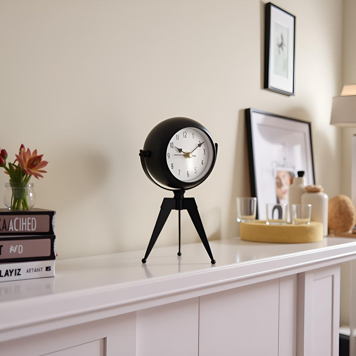 Tripod Table Clock with Mirror – Rotating Head, Black, 20 cm - photo 5