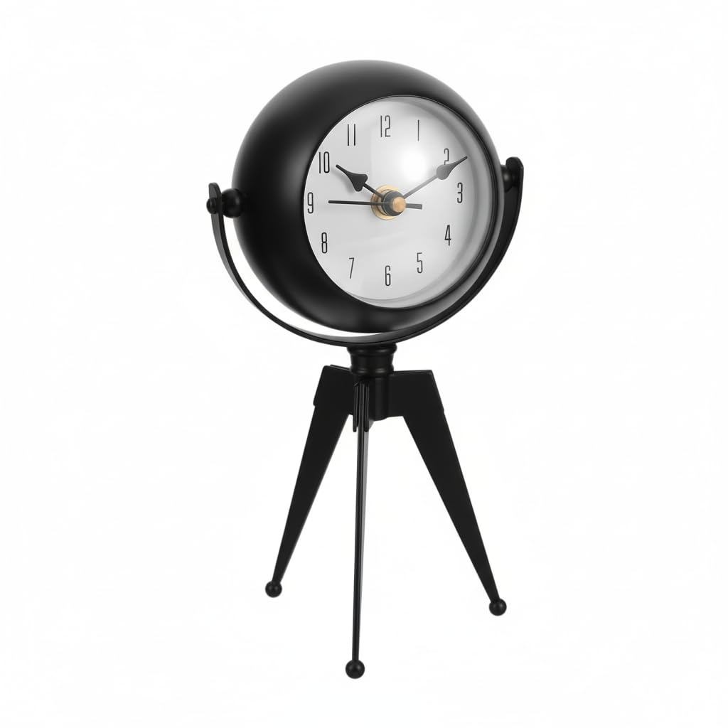 Tripod Table Clock with Mirror – Rotating Head, Black, 20 cm