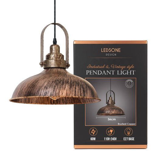 Industrial Hooded Pendant Light – Brushed Copper, 16 or 36 cm Shade - Brushed Copper, Wide Round 36 cm Brushed Copper, Without Bulb