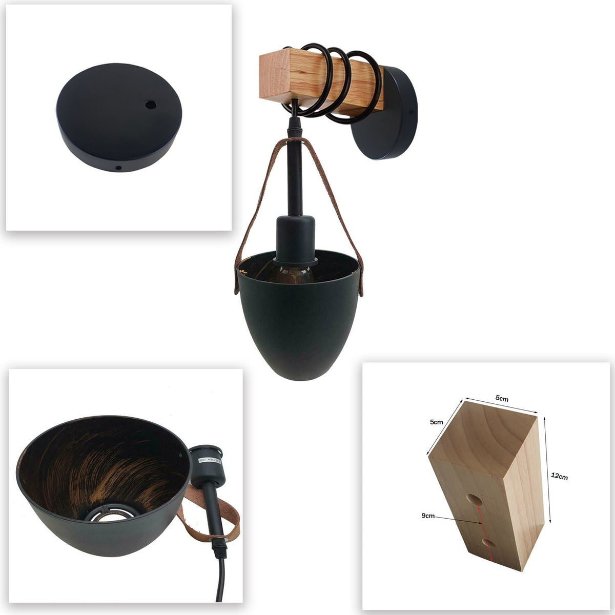 Wood Block Wall Light with Hanging Black Shade – Pack of 2 or 3 - photo 6