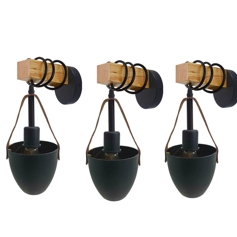 Wood Block Wall Light with Hanging Black Shade – Pack of 2 or 3 - Wood, Pack of 3, Without Bulb