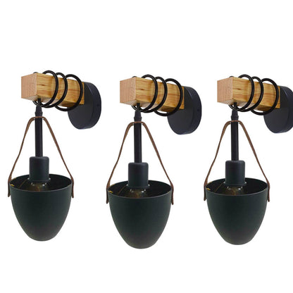 Wood Block Wall Light with Hanging Black Shade – Pack of 2 or 3 - Wood, Pack of 3, Without Bulb