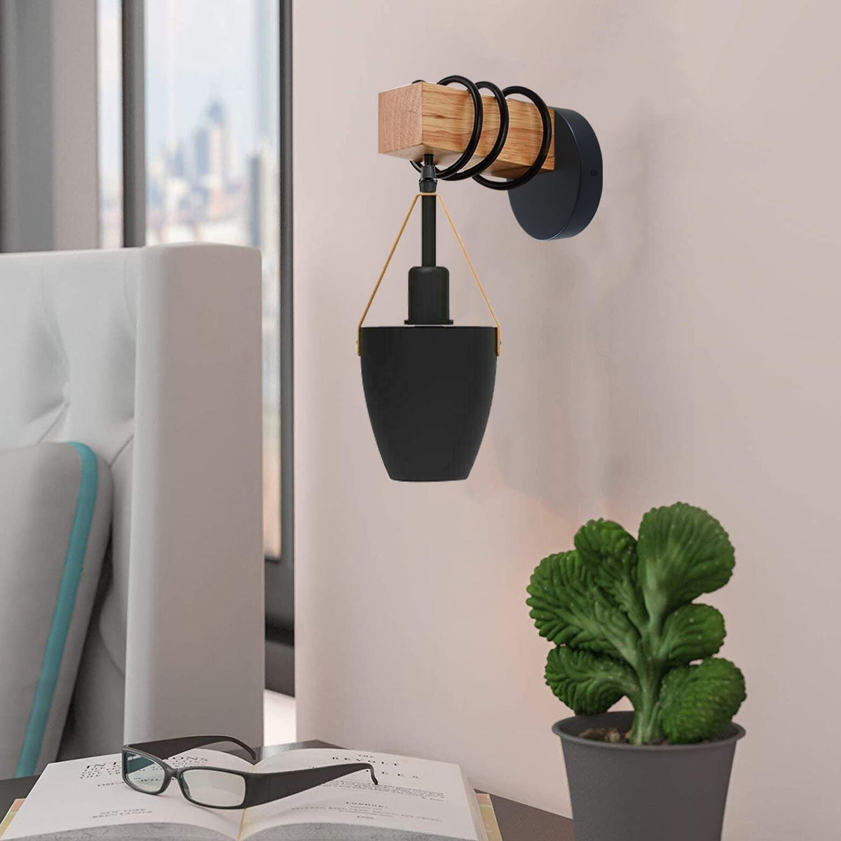 Wood Block Wall Light with Hanging Black Shade – Pack of 2 or 3