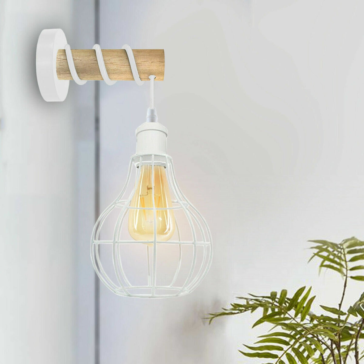 Wood & White Wall Light with Balloon Cage – E27 - photo 3