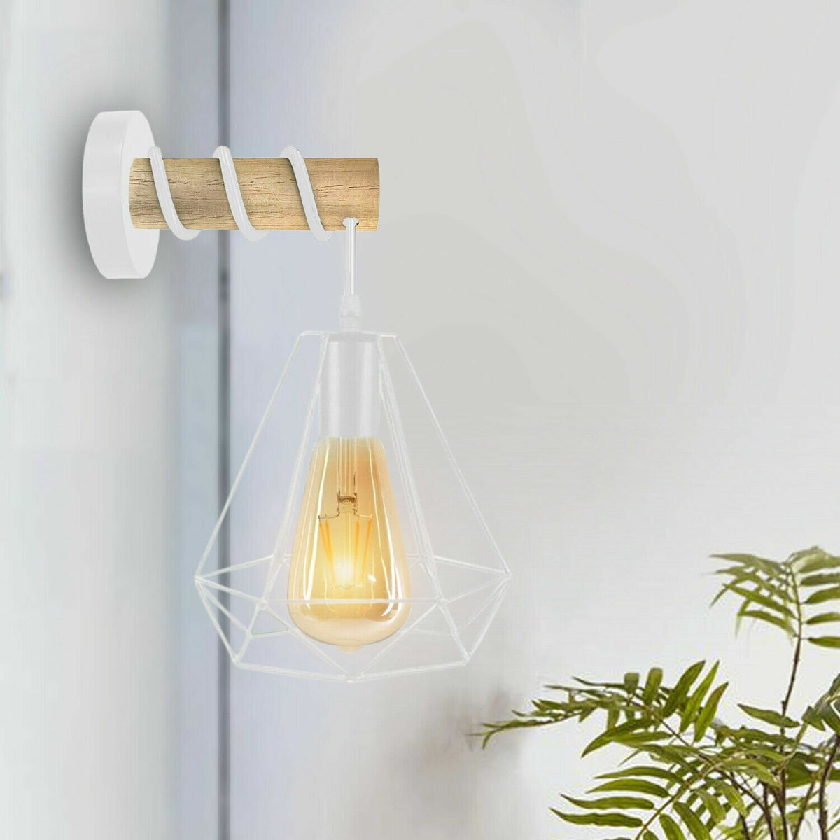 Wood & White Wall Light with Balloon Cage – E27 - photo 4