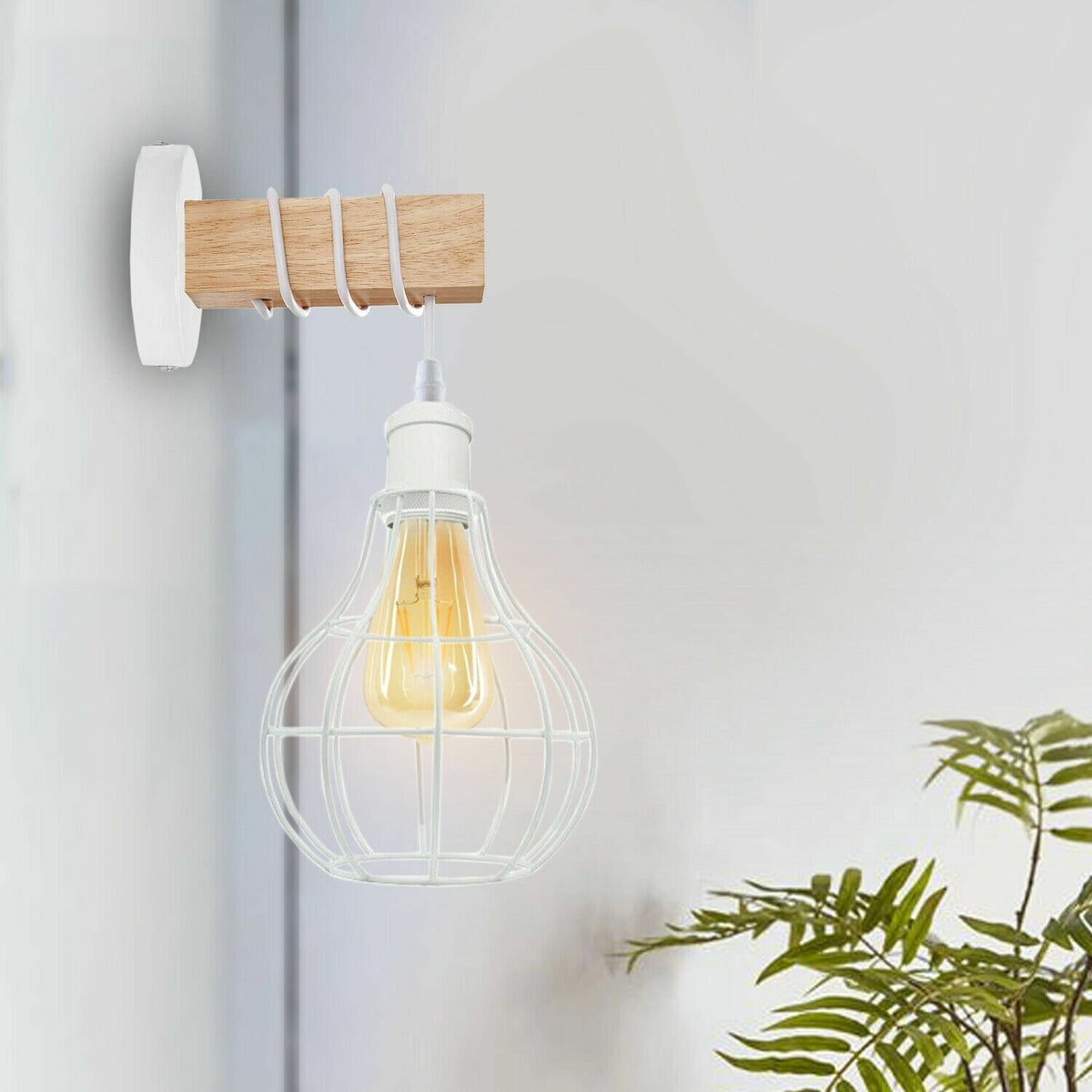 Wood & White Wall Light with Balloon Cage – E27 - photo 5