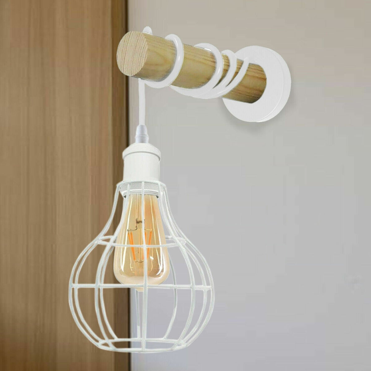 Wood & White Wall Light with Balloon Cage – E27 - photo 6