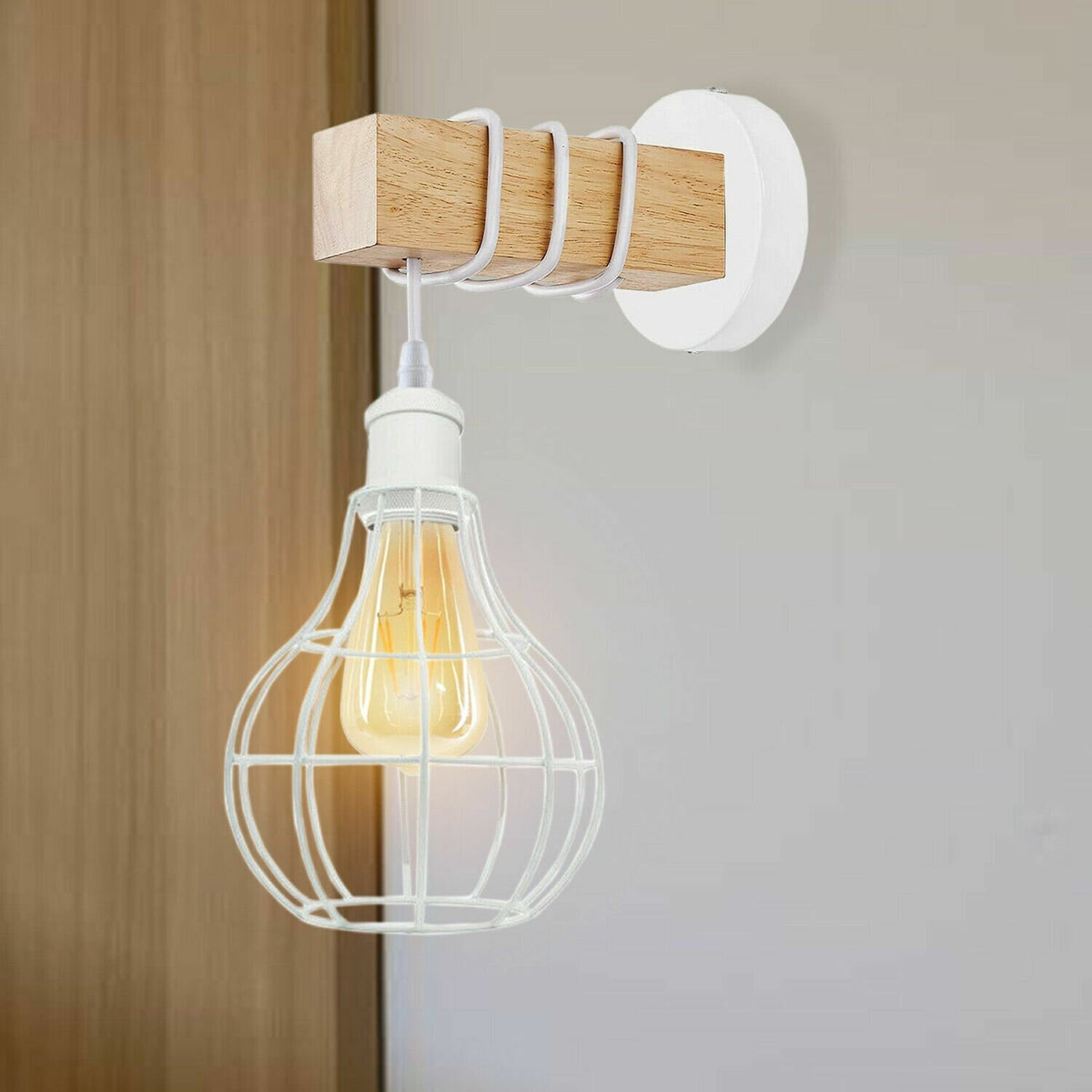 Wood & White Wall Light with Balloon Cage – E27 - photo 7