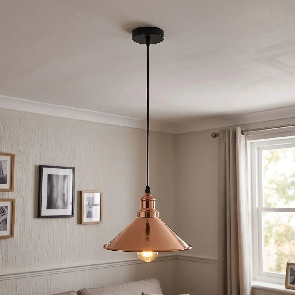 Vintage Pendant Light – E27 Holder in 6 Finishes, 60+ Shades & Cages - French Gold, Flat Cone 22 cm French Gold, Without Bulb