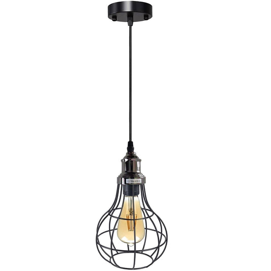 Vintage Pendant Light – E27 Holder in 6 Finishes, 60+ Shades & Cages - Shiny Black, Balloon Cage Black, Without Bulb