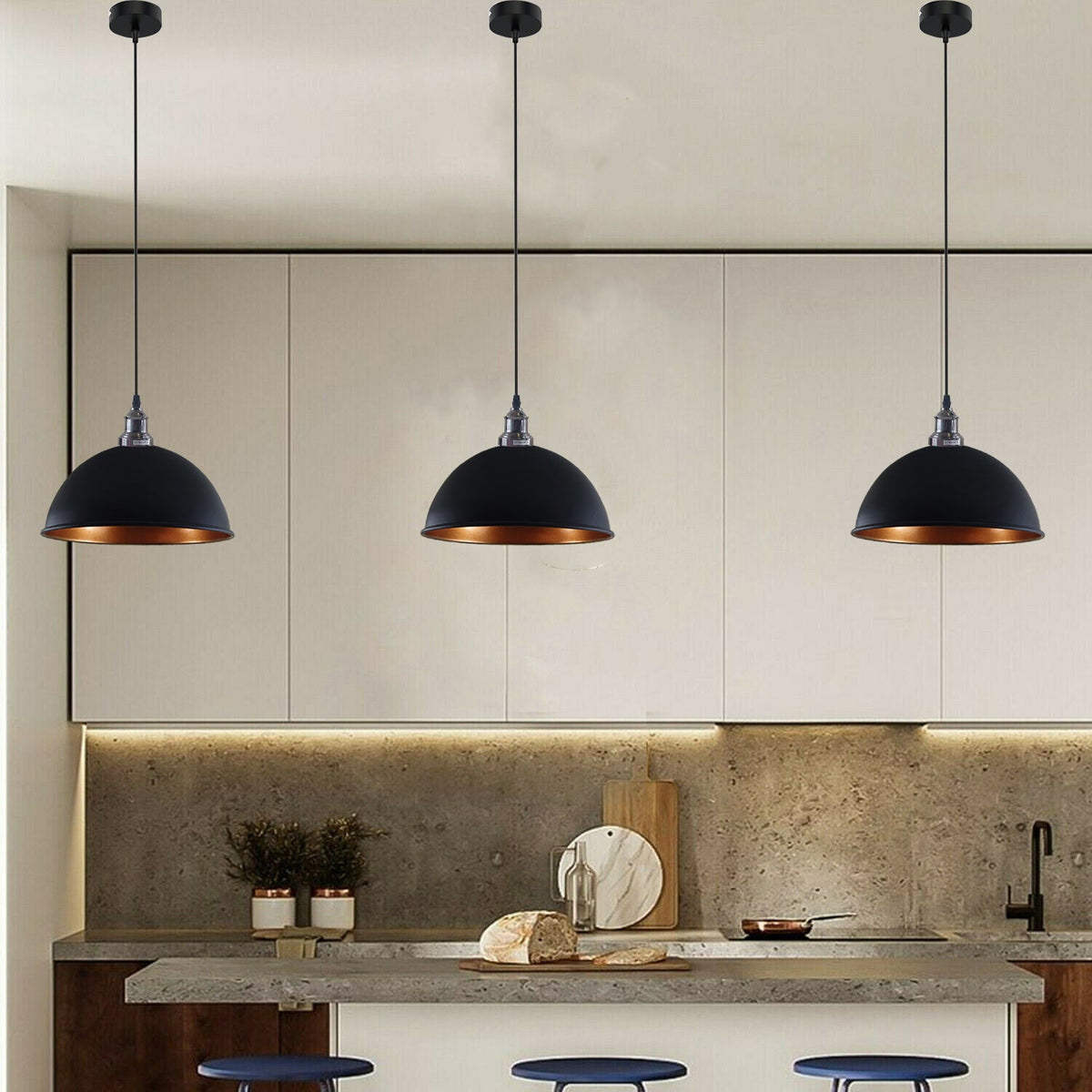 Vintage Pendant Light – E27 Holder in 6 Finishes, 60+ Shades & Cages - Shiny Black, Dome 21 cm Black & Gold, Without Bulb