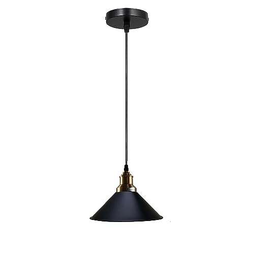 Vintage Pendant Light – E27 Holder in 6 Finishes, 60+ Shades & Cages - Yellow Brass, Flat Cone 22 cm Black, Without Bulb