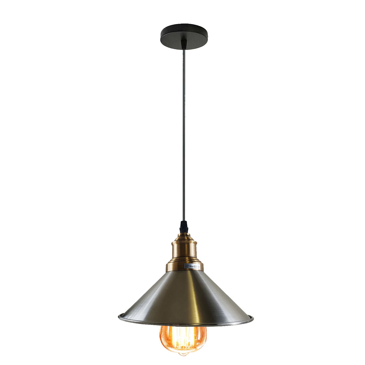 Vintage Pendant Light – E27 Holder in 6 Finishes, 60+ Shades & Cages - Yellow Brass, Small Cone 22 cm Satin Nickel, Without Bulb