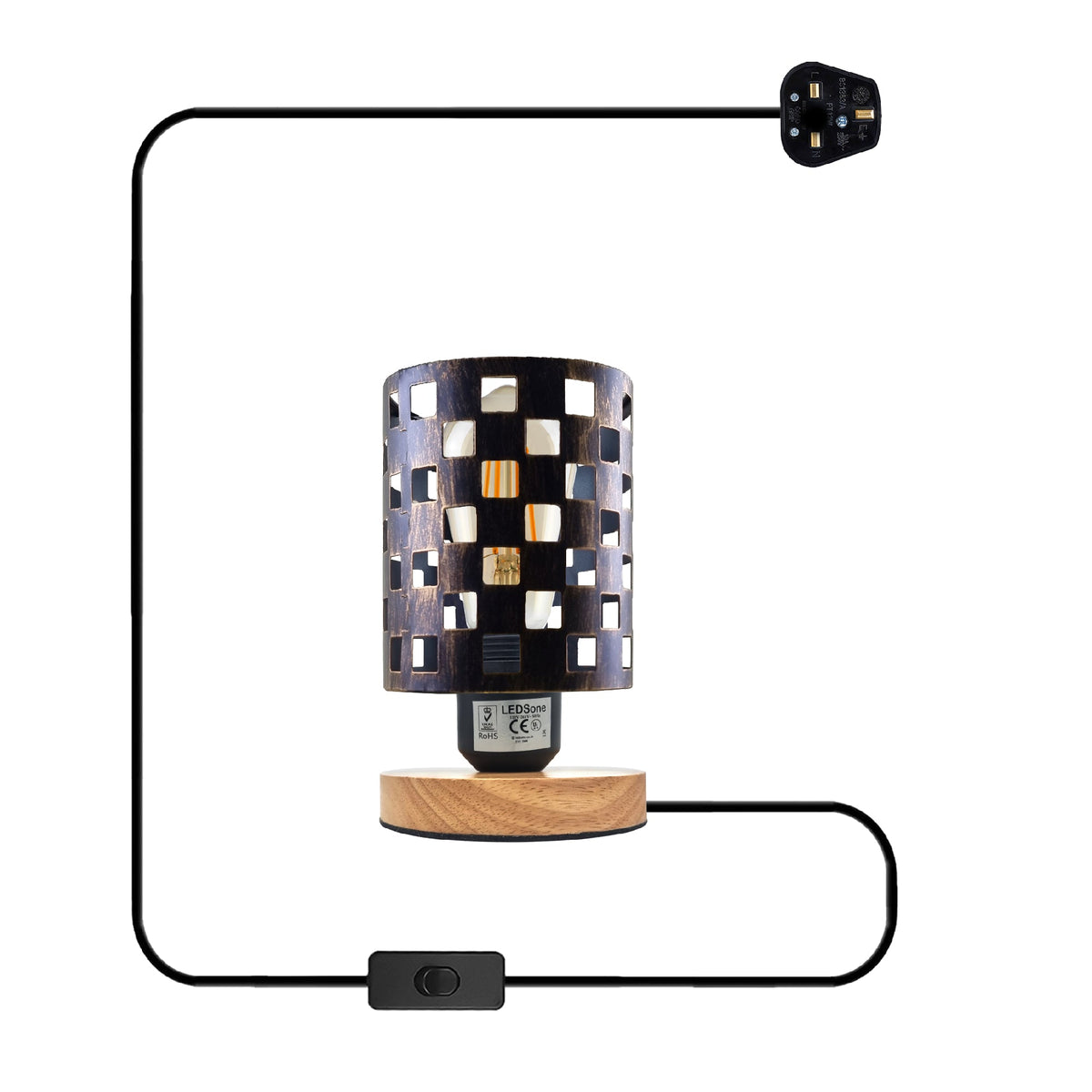 Vintage Wire Cage Table Lamp with Wood Base E27 - Black, Without Bulb