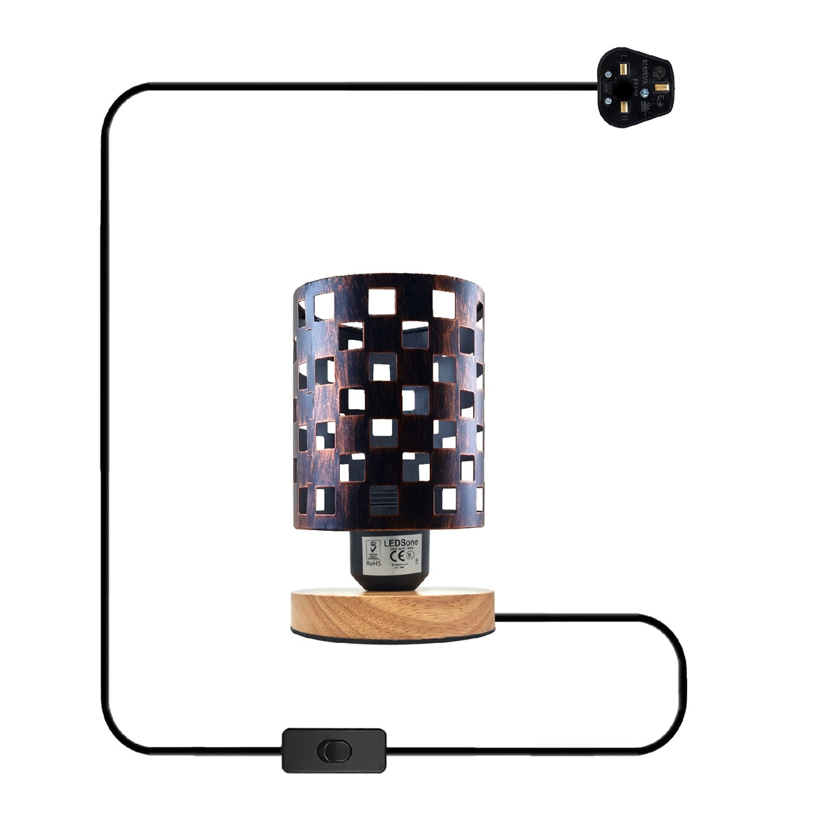 Vintage Wire Cage Table Lamp with Wood Base E27 - Brushed Brass, Without Bulb