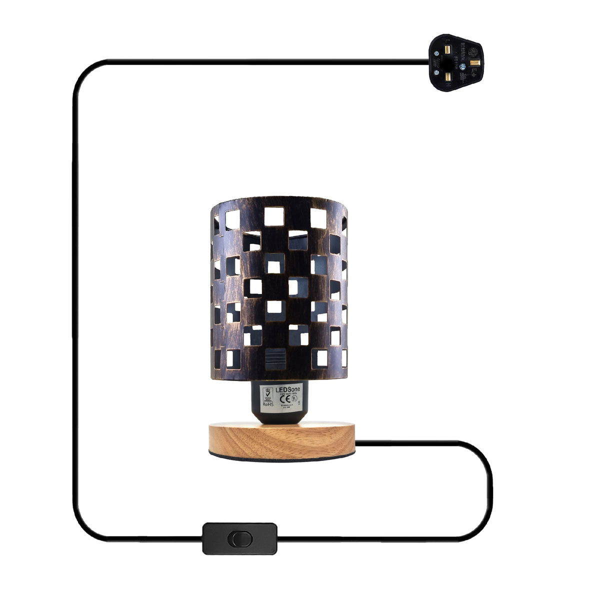 Vintage Wire Cage Table Lamp with Wood Base E27 - Brushed Copper, Without Bulb