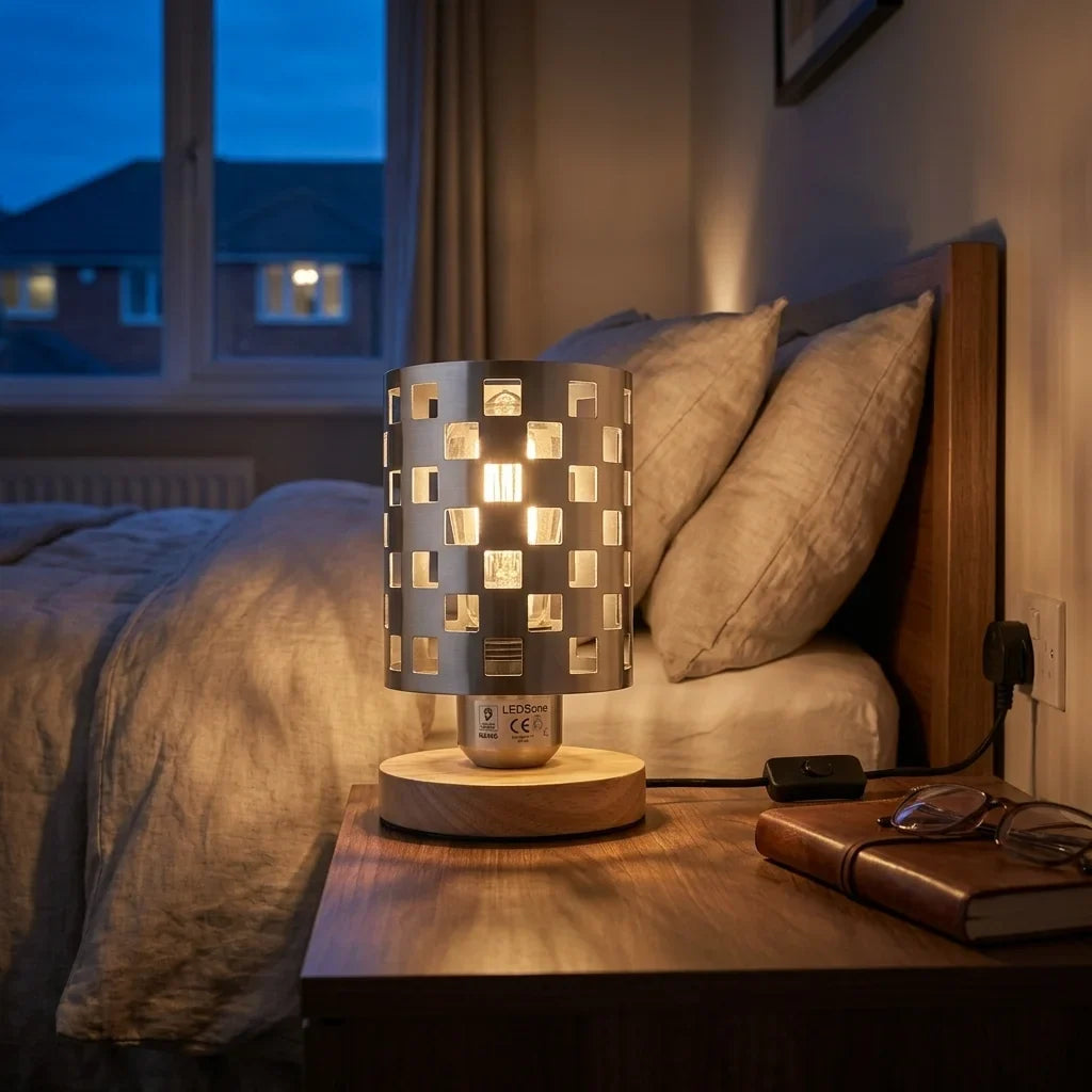 Vintage Wire Cage Table Lamp with Wood Base E27