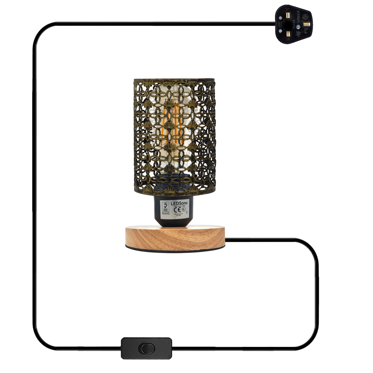 Vintage Wire Cage Table Lamp with Wooden Stand E27 - Brushed Brass, Without Bulb