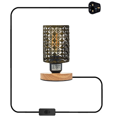 Vintage Wire Cage Table Lamp with Wooden Stand E27 - Brushed Brass, Without Bulb