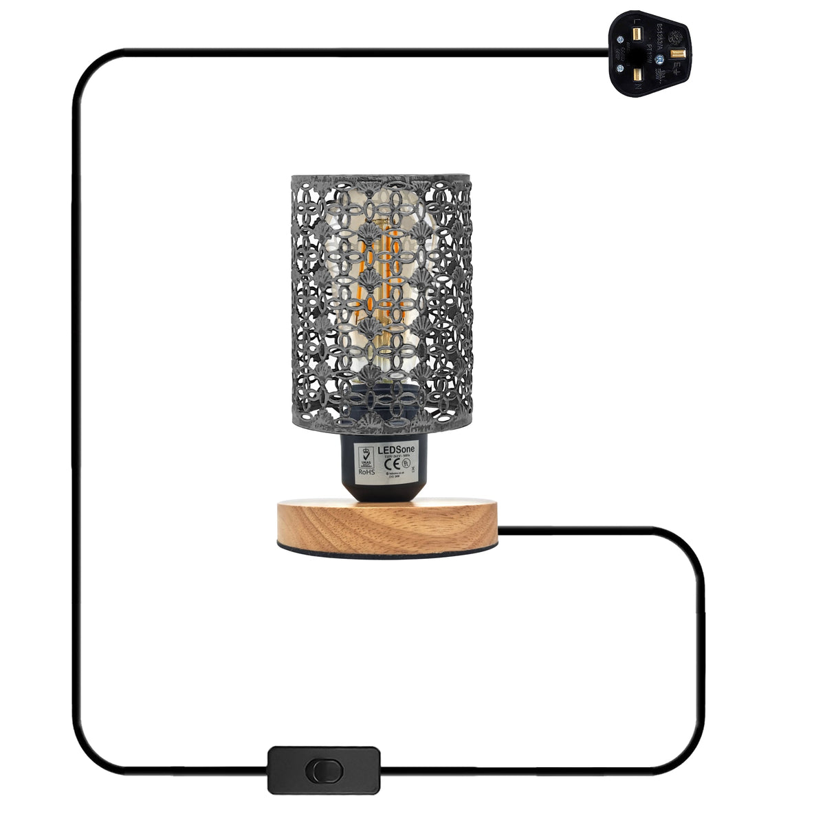 Vintage Wire Cage Table Lamp with Wooden Stand E27 - Brushed Silver, Without Bulb