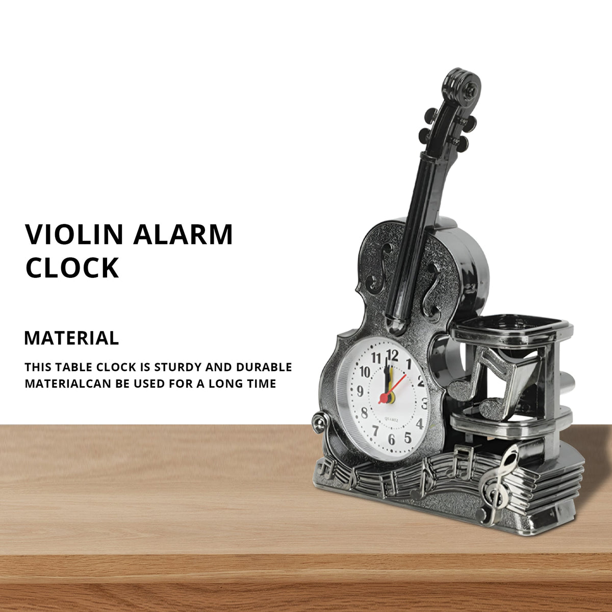 Violin Alarm Clock with Pen Holder – 24 cm, Satin Nickel or Yellow Brass - photo 2