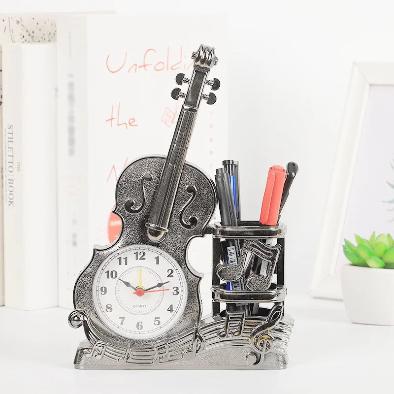 Violin Alarm Clock with Pen Holder – 24 cm, Satin Nickel or Yellow Brass - photo 4