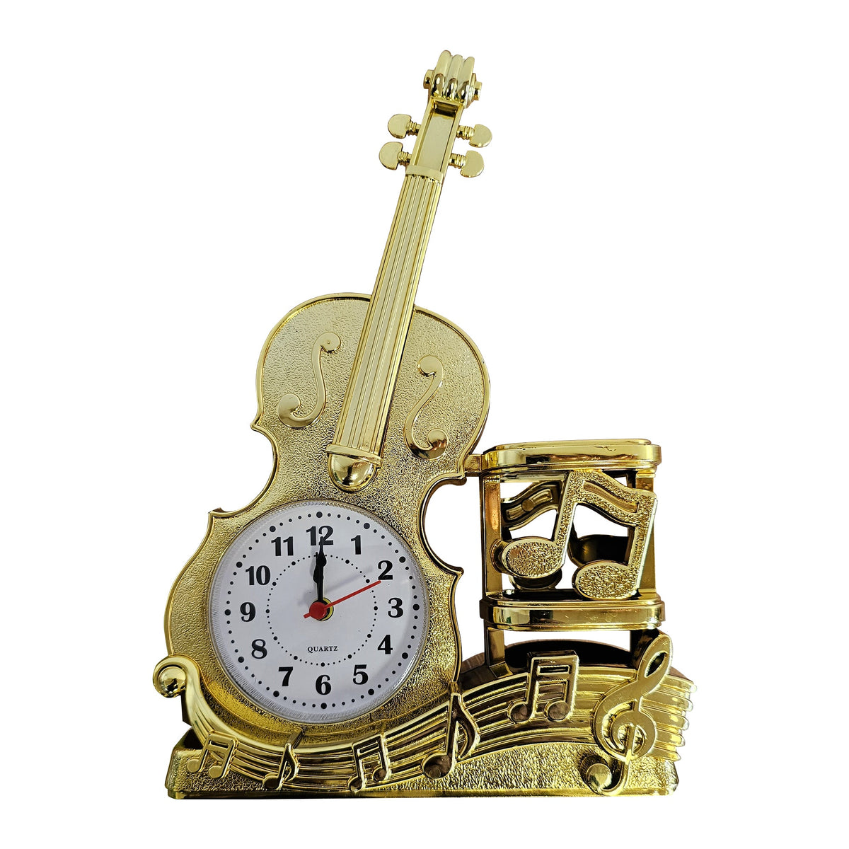 Violin Alarm Clock with Pen Holder – 24 cm, Satin Nickel or Yellow Brass - Yellow Brass