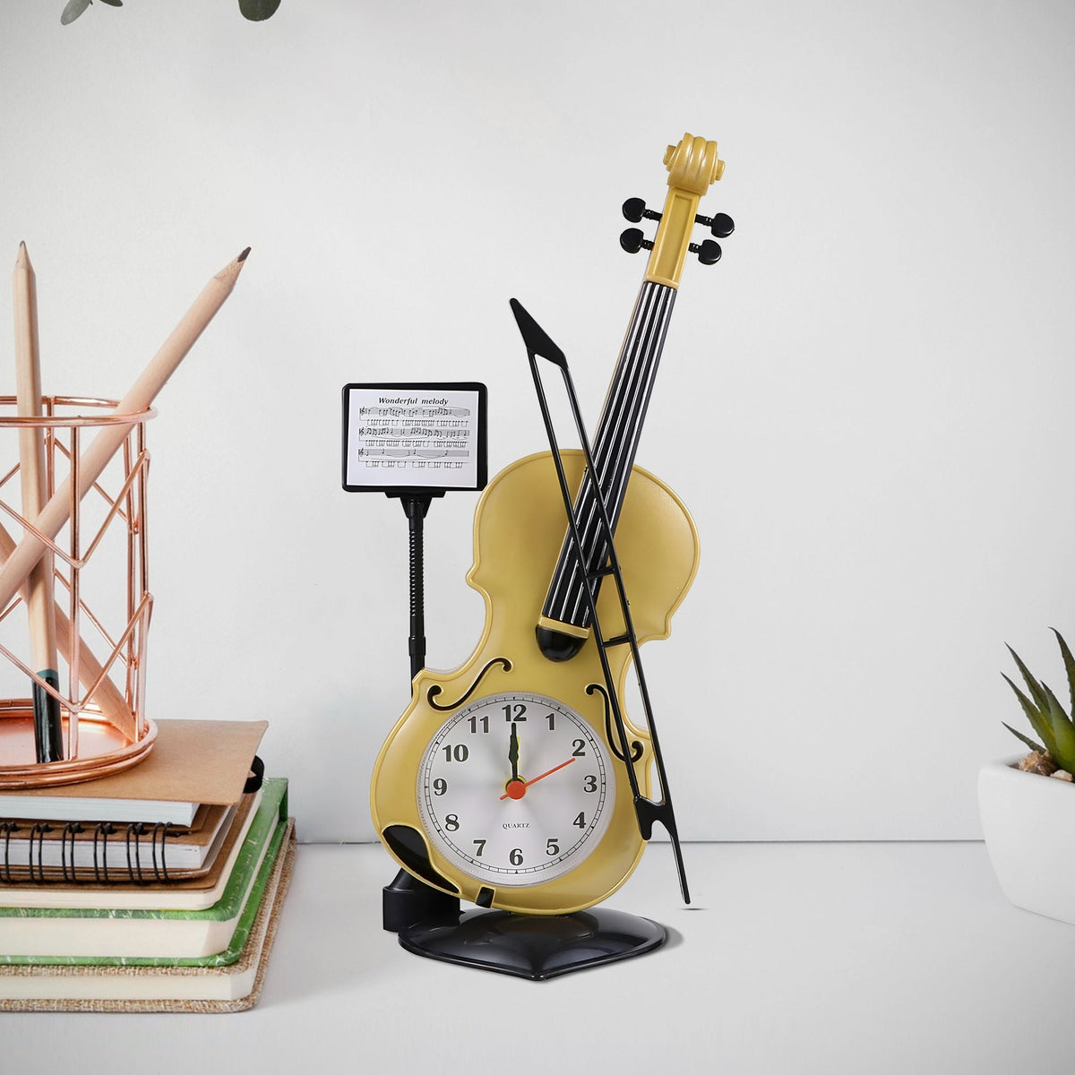 Violin Alarm Clock – Music Stand & Bow, 27.5 cm, Brown or Gold