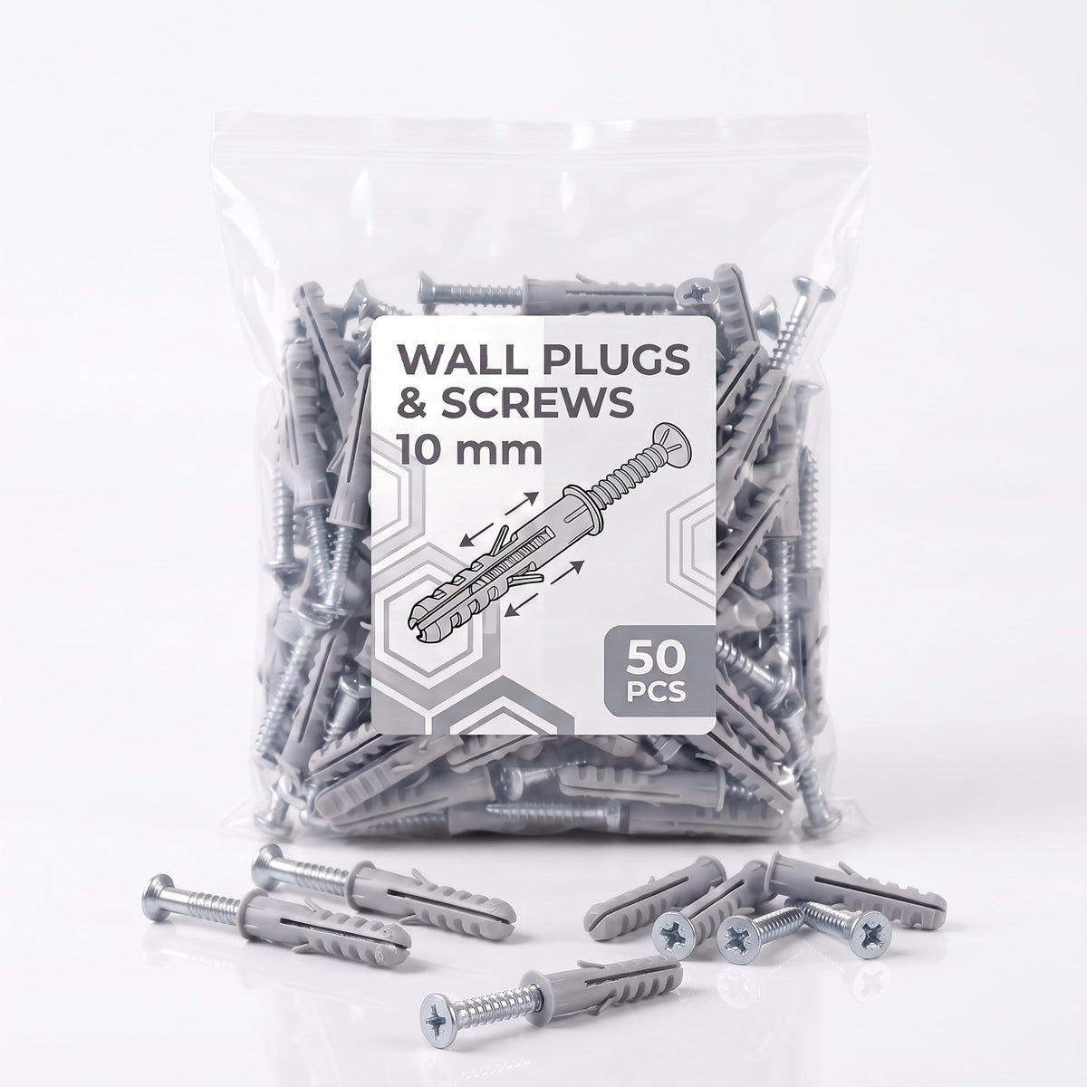Grey Wall Plugs and Screws, Bag of 50 – 8 or 10 mm, Nylon - 10 mm