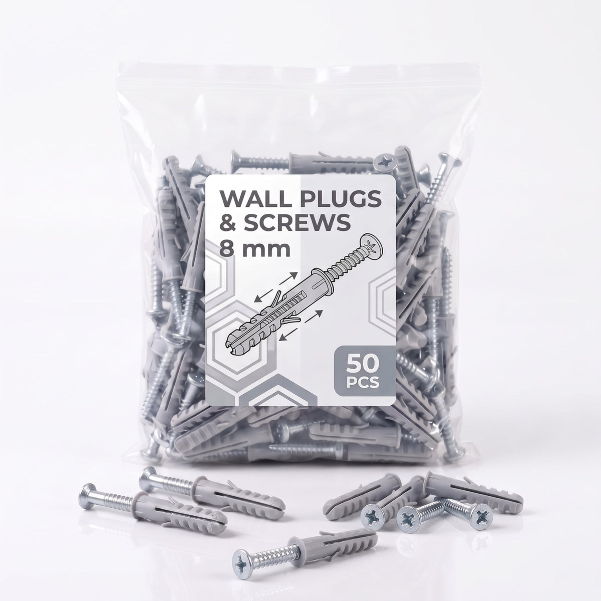 Grey Wall Plugs and Screws, Bag of 50 – 8 or 10 mm, Nylon - 8 mm