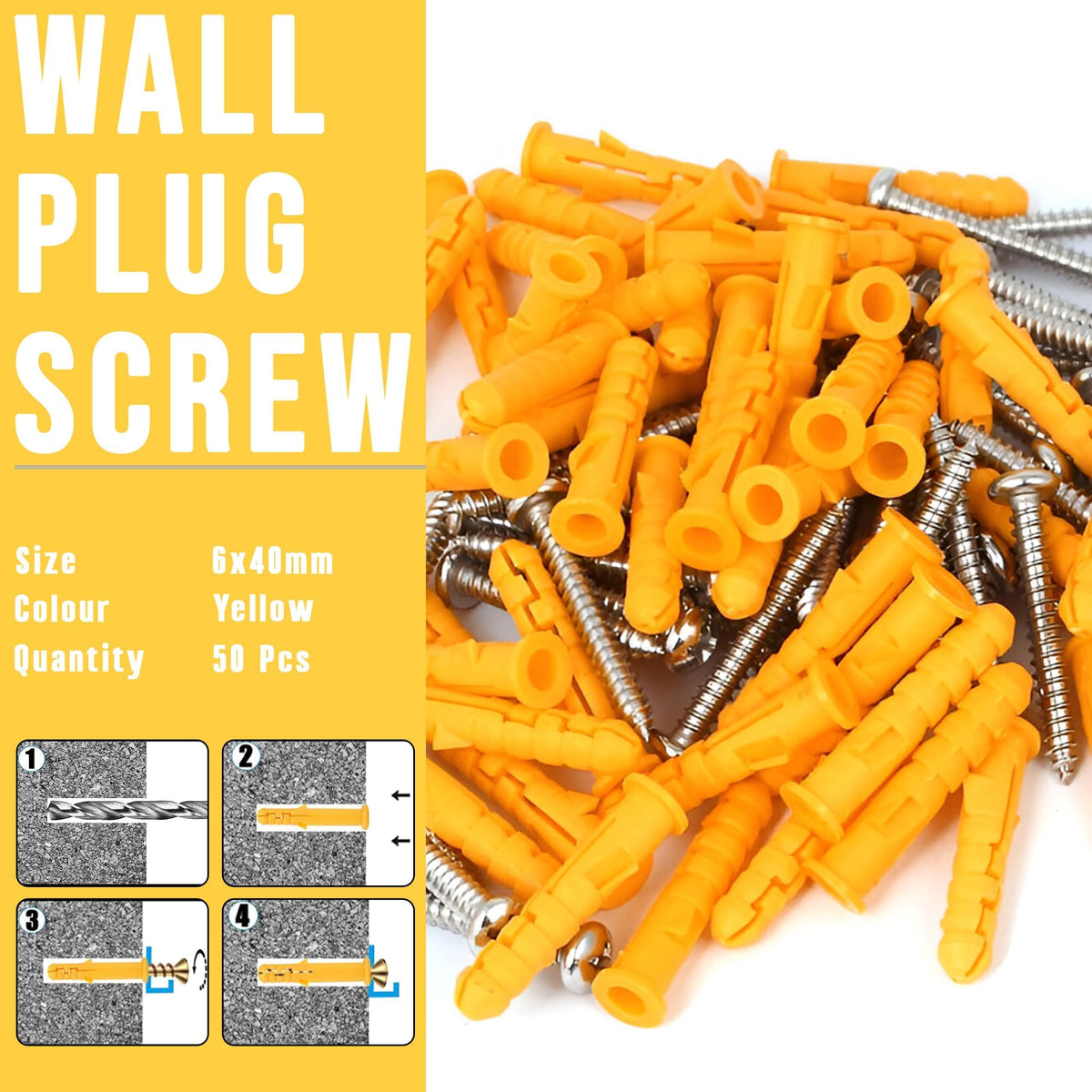 Yellow Wall Plugs and Screws, Pack of 50 – 6 x 40 or 6 x 60 mm - 6 x 40 mm