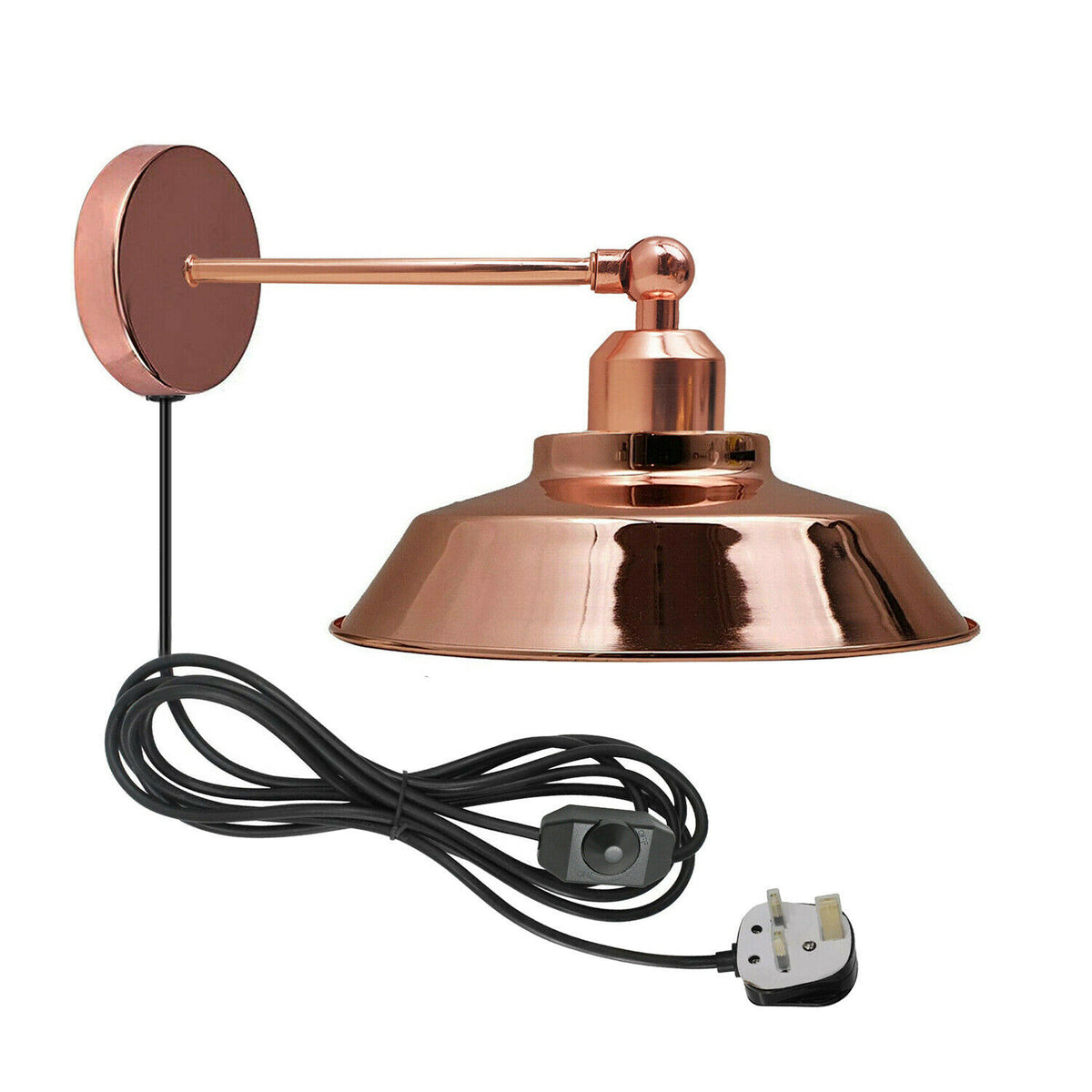 Plug-In Rose Gold Wall Light with Vintage Dome Shade – Swan Neck or Long Arm - Standard, Vintage Dome 22 cm Rose Gold, Rose Gold Long Swivel Arm, Without Bulb