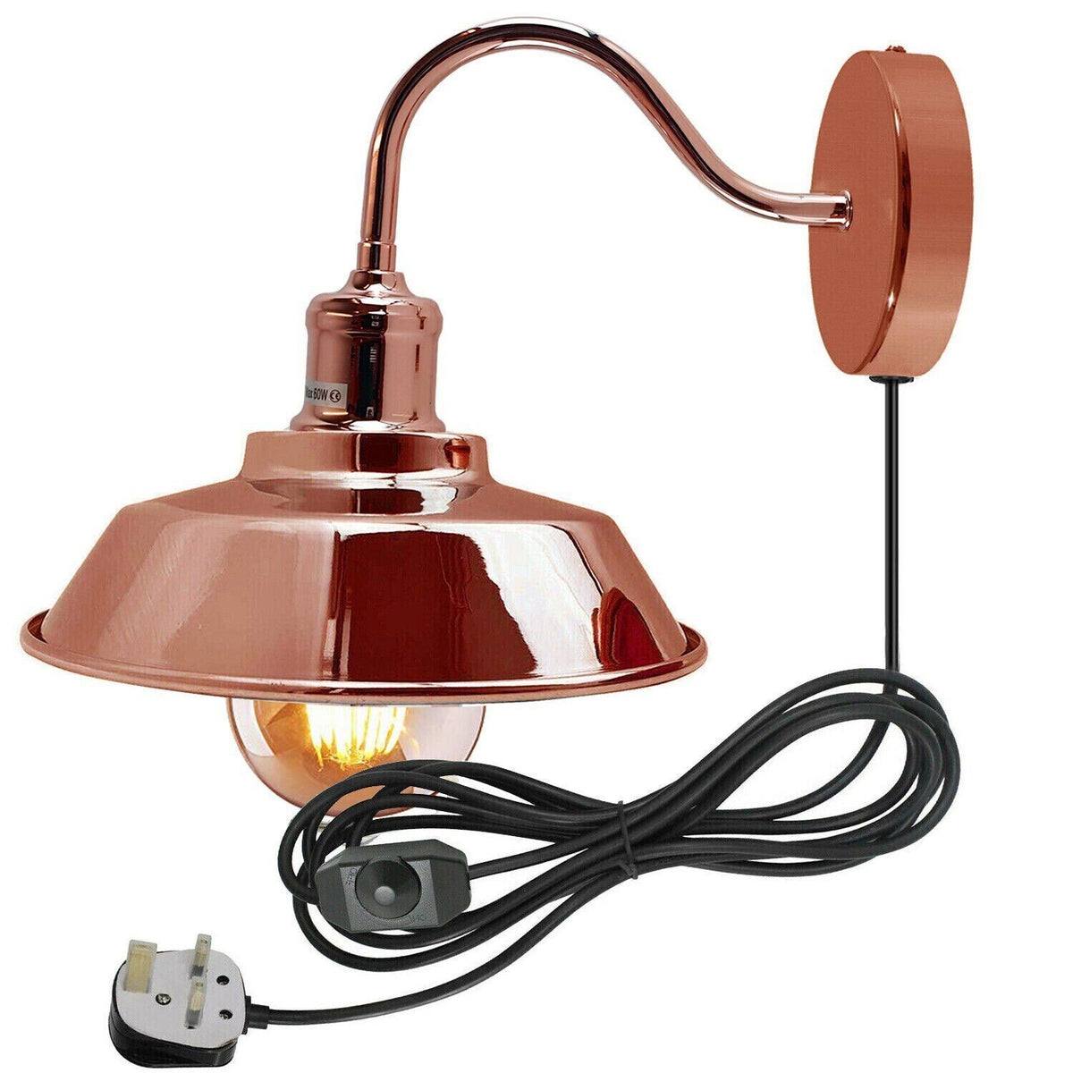 Plug-In Rose Gold Wall Light with Vintage Dome Shade – Swan Neck or Long Arm - Standard, Vintage Dome 22 cm Rose Gold, Rose Gold Swan Neck, Without Bulb