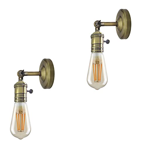 Wall Lamp Holder with Switch – Pack of 2, E27 - Green Brass, Pack of 2, ST64 Bulb
