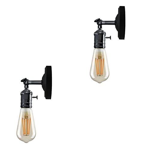 Wall Lamp Holder with Switch – Pack of 2, E27 - Shiny Black, Pack of 2, ST64 Bulb