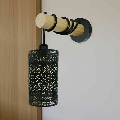Wood Arm Wall Light with Patterned Cylinder Cage – E27 - photo 5