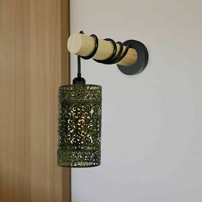 Wood Arm Wall Light with Patterned Cylinder Cage – E27 - photo 6