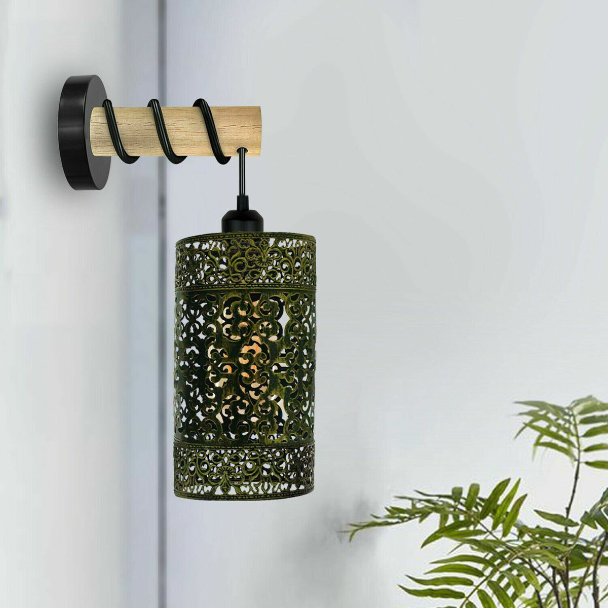 Wood Arm Wall Light with Patterned Cylinder Cage – E27 - photo 7