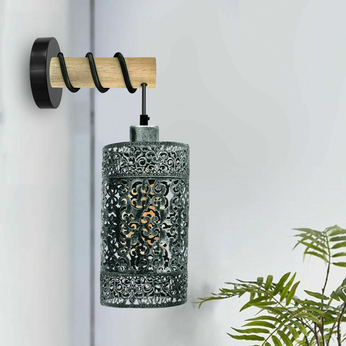 Wood Arm Wall Light with Patterned Cylinder Cage – E27 - photo 8
