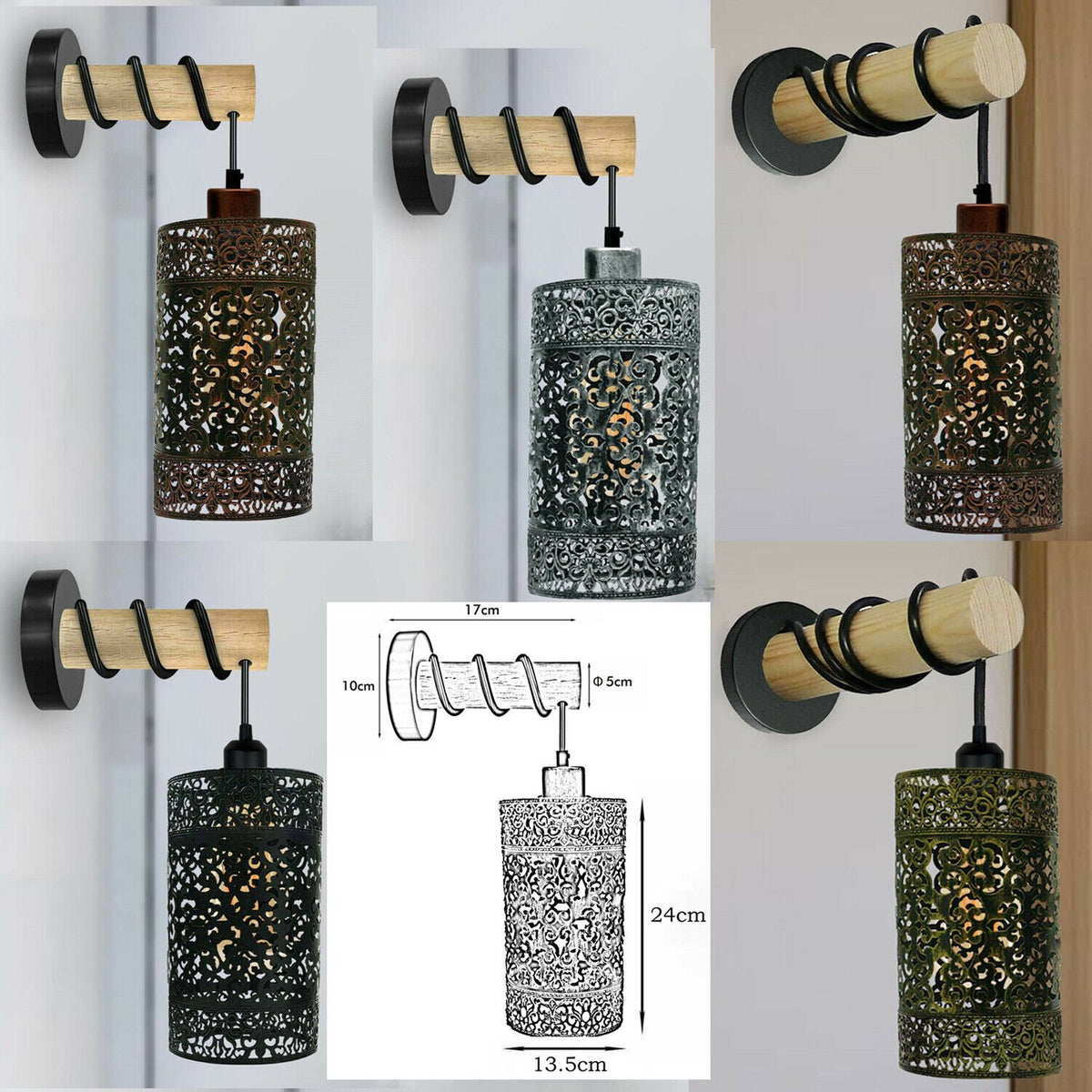 Wood Arm Wall Light with Patterned Cylinder Cage – E27 - Brushed Copper, Barrel Cage Brushed Copper, Without Bulb